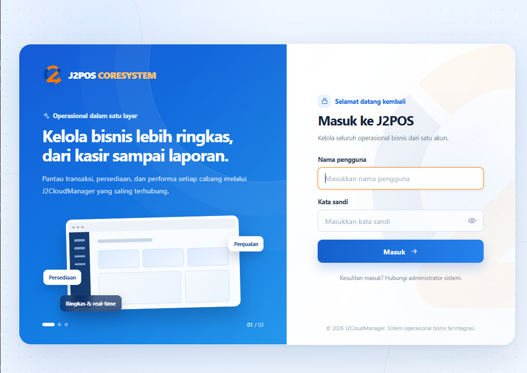 Contoh halaman masuk J2POS CoreSystem dengan bidang identitas biru dan formulir masuk